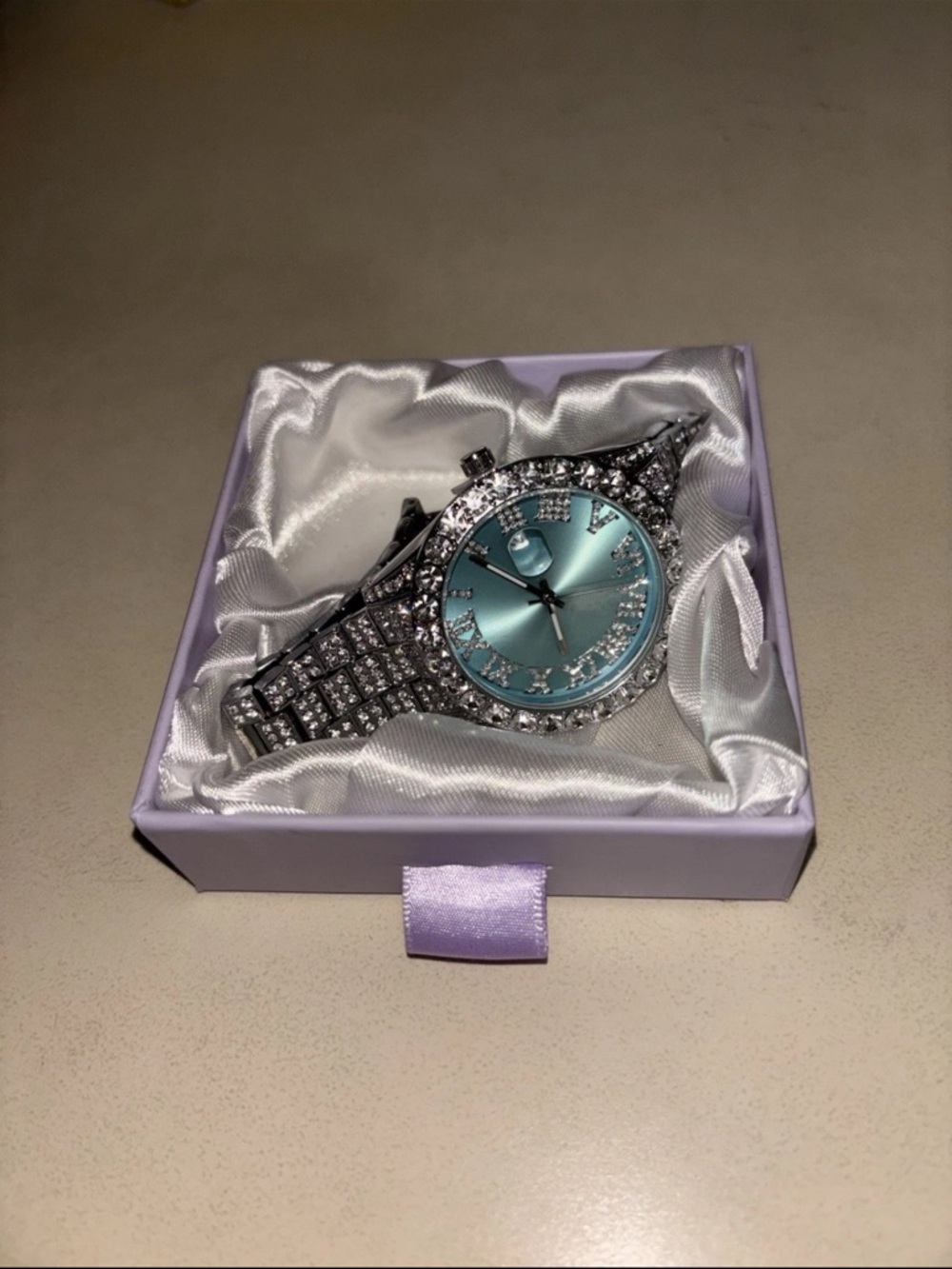 NEW!! Stainless Steel Crystal-Accented Women's Watch with Aqua Dial